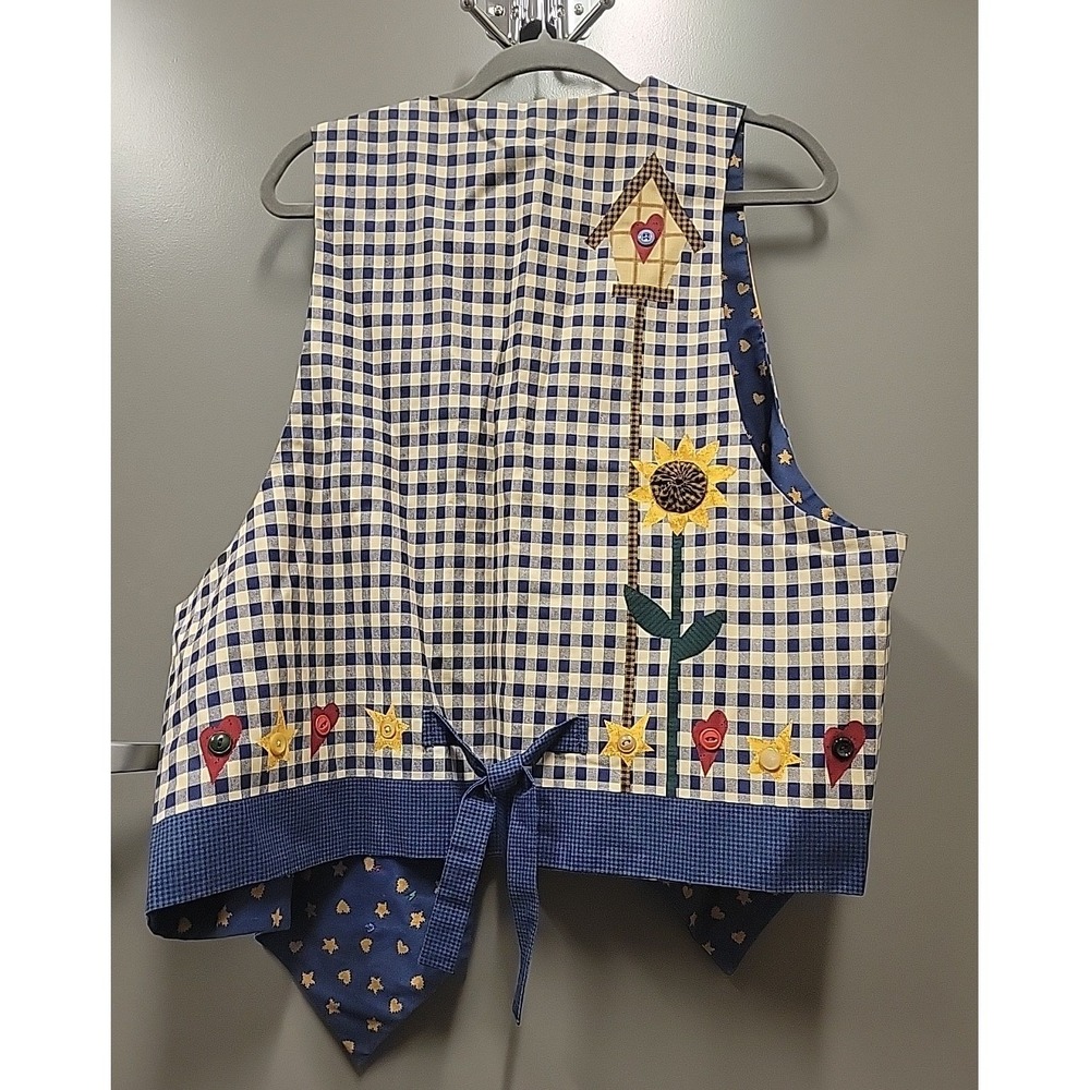 Vintage Cottagecore Patchwork Vest Sunflower Birdhouse Gingham Blue Artisan Sz L - Picture 2 of 12